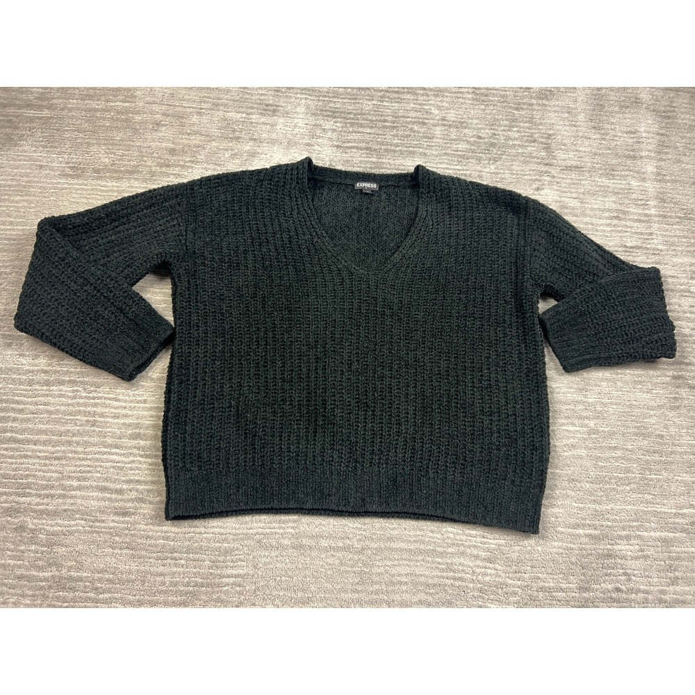 Express Sweater Womens Small Black Chenille V-Neck Waffle Knit‎ Pullover Relaxed